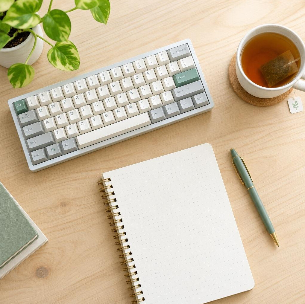 Overhead view of a desk with keyboard and notebook